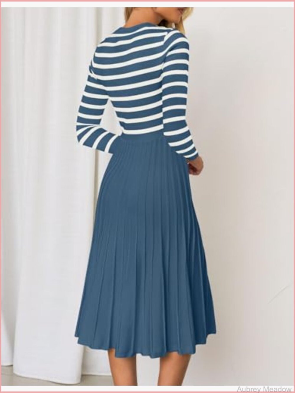 Long Sleeve Striped Knit Pleated A-Line Swing Midi Dress - Picture 4 of 7